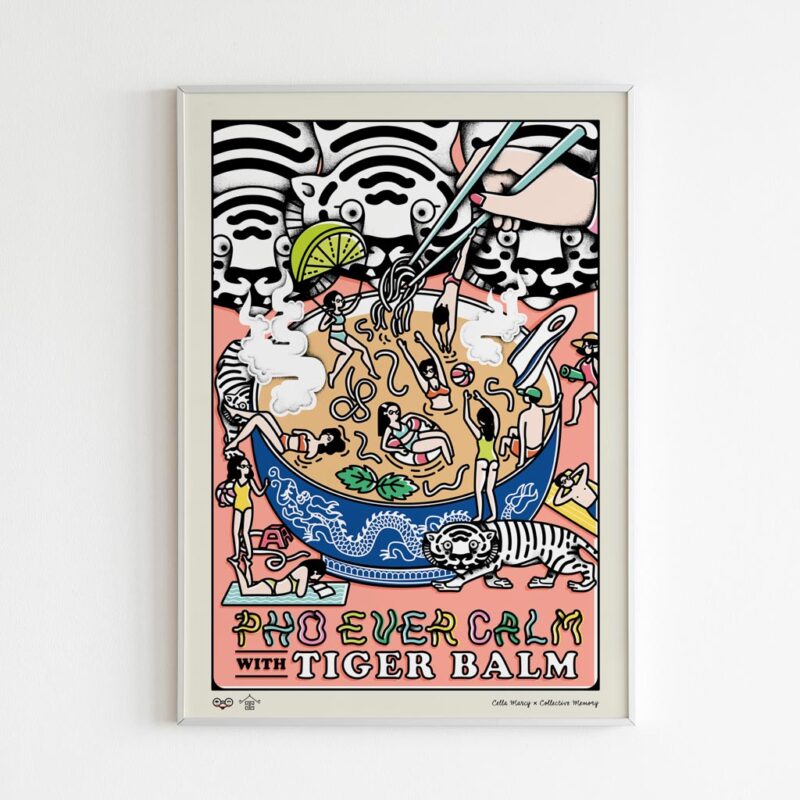 Tiger Balm Pho ever Calm Art Print portray a tiger balm enjoy the summer vibes with people inside the pho bowl