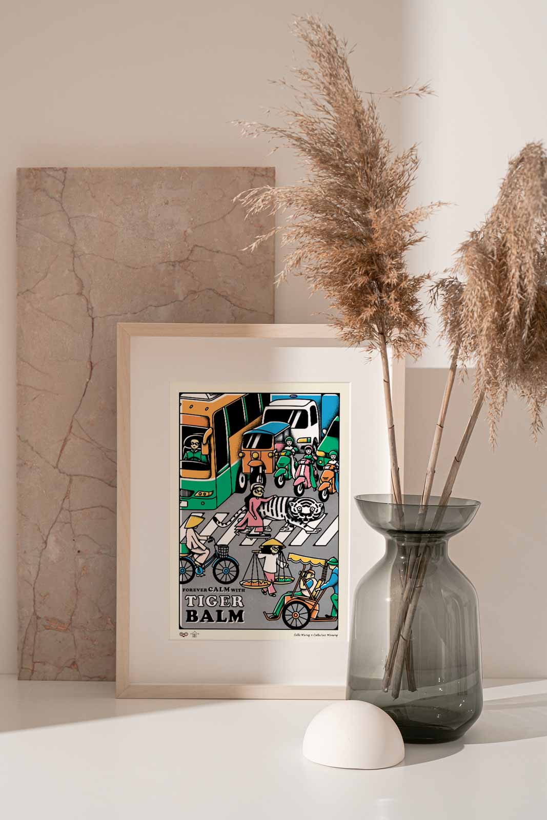 Tiger Balm Traffic Art Print portray a girl with Tiger Balm crossing the crazy Vietnamese traffic full of motorbikes, cars, bicycles and cyclos