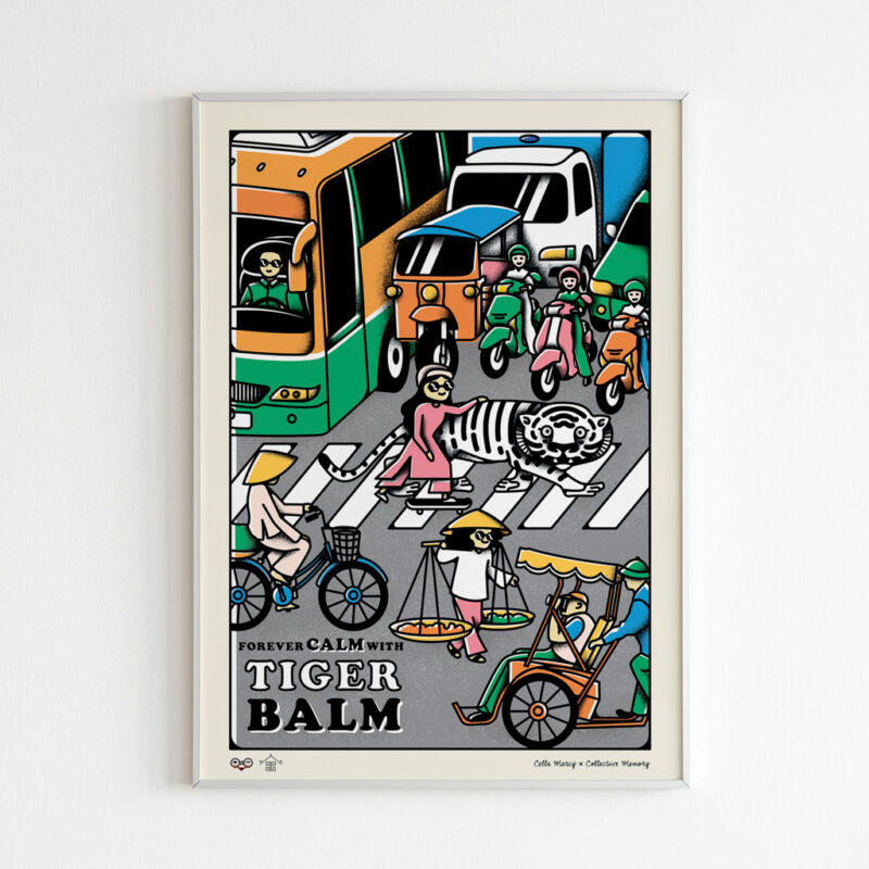 Tiger Balm Traffic Art Print portray a girl with Tiger Balm crossing the crazy Vietnamese traffic full of motorbikes, cars, bicycles and cyclos