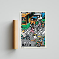Tiger Balm Traffic Art Print portray a girl with Tiger Balm crossing the crazy Vietnamese traffic full of motorbikes, cars, bicycles and cyclos