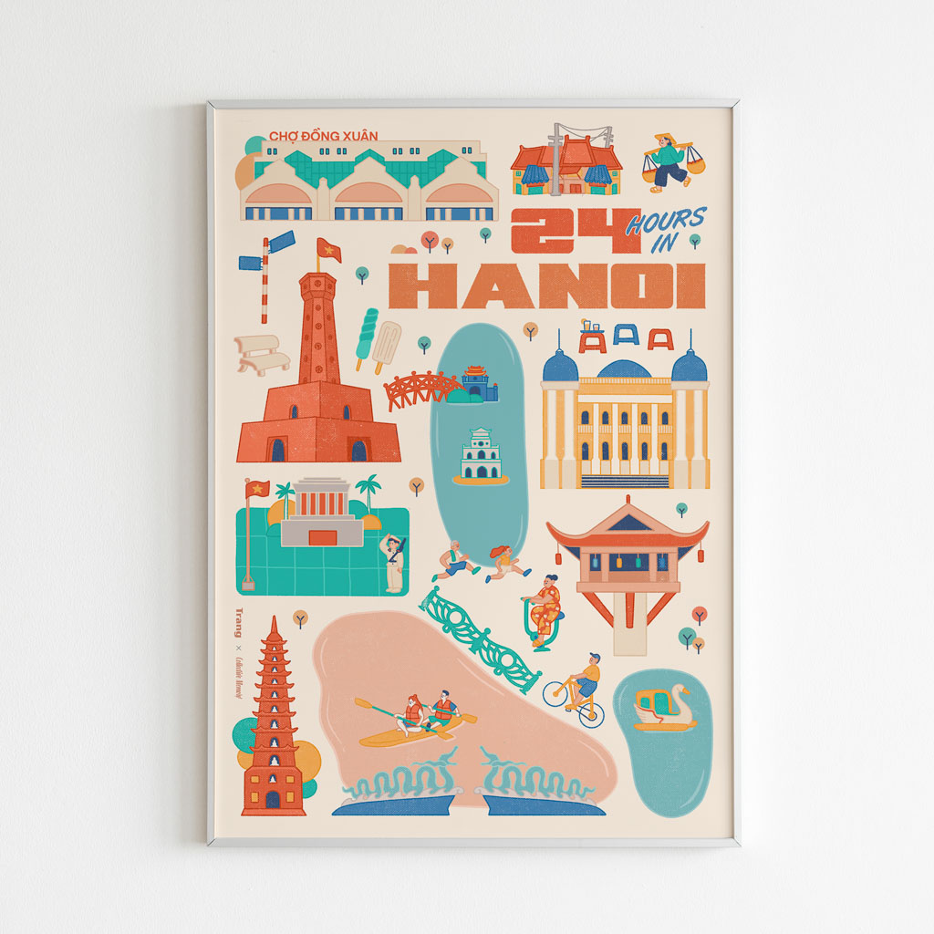 24 Hour in Hanoi Illustration 24 Hour in Hanoi Illustration portrays all the iconic Hanoi landmark: Dong Xuan Market, Hanoi old quarter, Hanoi Opera house, Ba Dinh Square, Hanoi Flagtower, West Lake, Truc Bach Lake, Tran Quoc Pagoda, One Pillar Pagoda