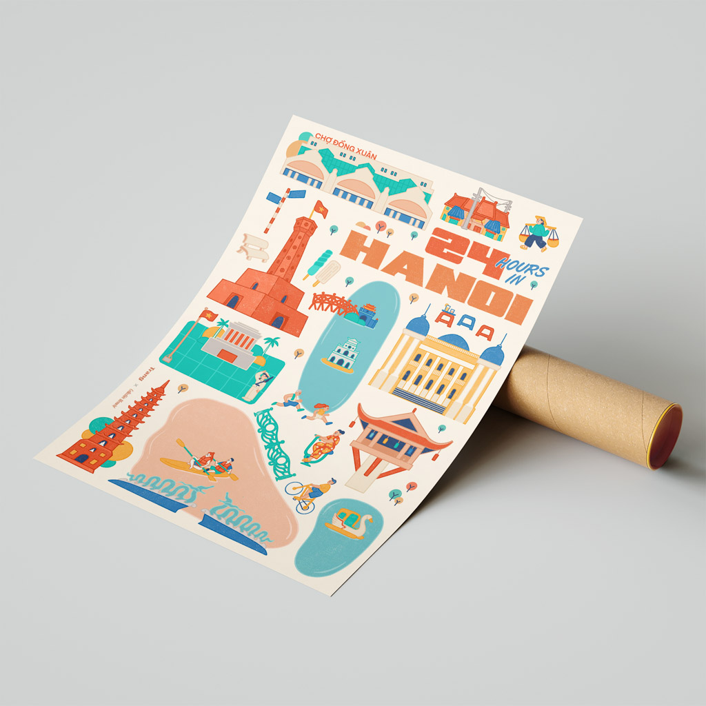 24 Hour in Hanoi Illustration 24 Hour in Hanoi Illustration portrays all the iconic Hanoi landmark: Dong Xuan Market, Hanoi old quarter, Hanoi Opera house, Ba Dinh Square, Hanoi Flagtower, West Lake, Truc Bach Lake, Tran Quoc Pagoda, One Pillar Pagoda