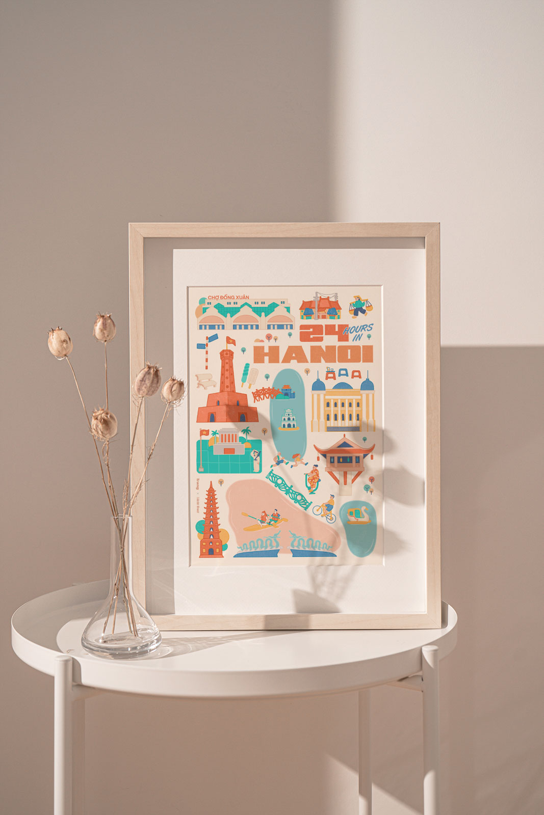 24 Hour in Hanoi Illustration 24 Hour in Hanoi Illustration portrays the iconic Hanoi landmark: Dong Xuan Market, Hanoi old quarter, Hanoi Opera house, Ba Dinh Square, Hanoi Flagtower, West Lake, Truc Bach Lake, Tran Quoc Pagoda, One Pillar Pagoda