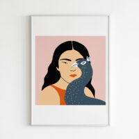 A Bird's Eye View Art Print portrays a girl with a bird