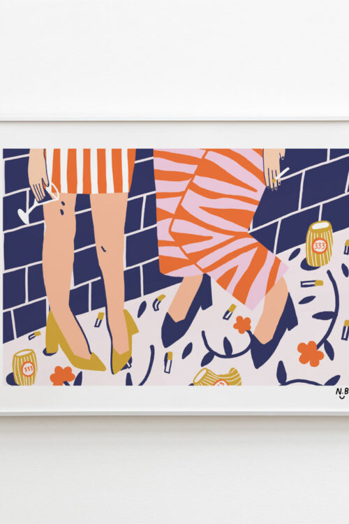 A Saturday Night Out Art Print portrays two girls drinking cocktail and beer at a bar