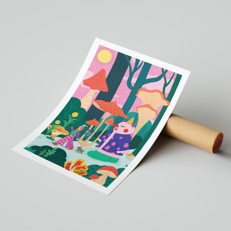 A Walk in a Park Art Print portrays fictional characters walking in a park