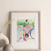 Afternoon ride art print portrays the girl cycling in the field with a kite is flying in the sky