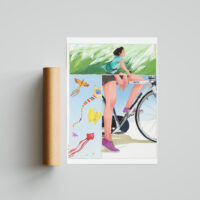 Afternoon ride art print portrays the girl cycling in the field with a kite is flying in the sky