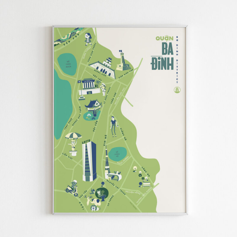 Ba Dinh District Illustrated Map portrays iconic landmarks around Ba Dinh: Thang Long Imperial Citadel, Ba Dinh Square, Hanoi Flagtower, Lotte Tower, One Pillar Pagoda