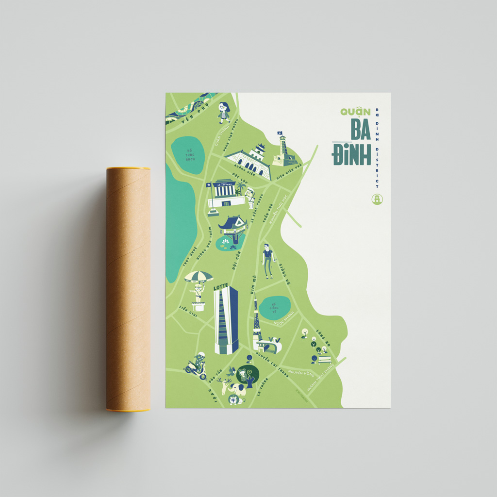 Ba Dinh District Illustrated Map portrays iconic landmarks around Ba DinhThang Long Imperial Citadel, Ba Dinh Square, Hanoi Flagtower, Lotte Tower, One Pillar Pagoda