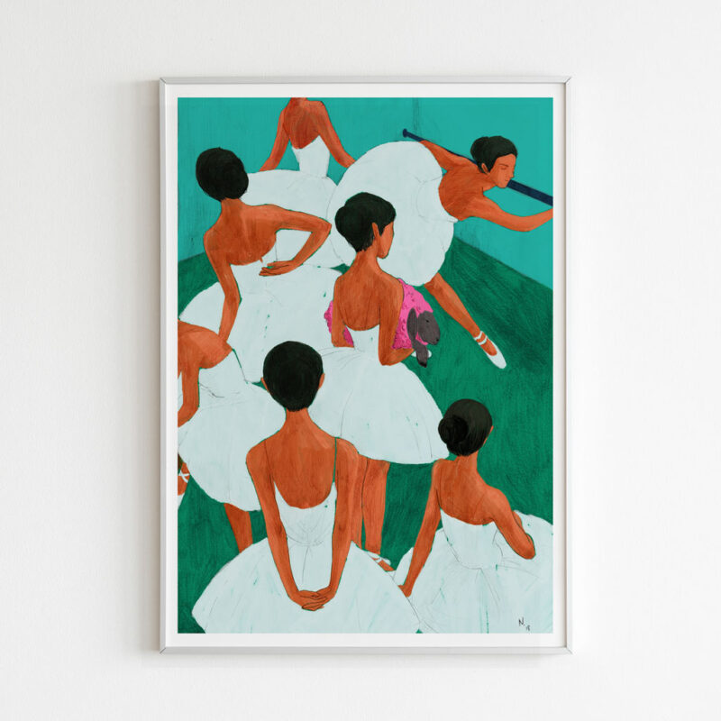 Ballerina art print portrays harmonious movements of ballerinas and feminist styles