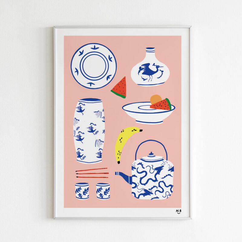 Blue China Ceramics Art Print portrays a set of vietnam tradition ceramics collection: Vase, Tea Pot, Disk, Tea Cup,