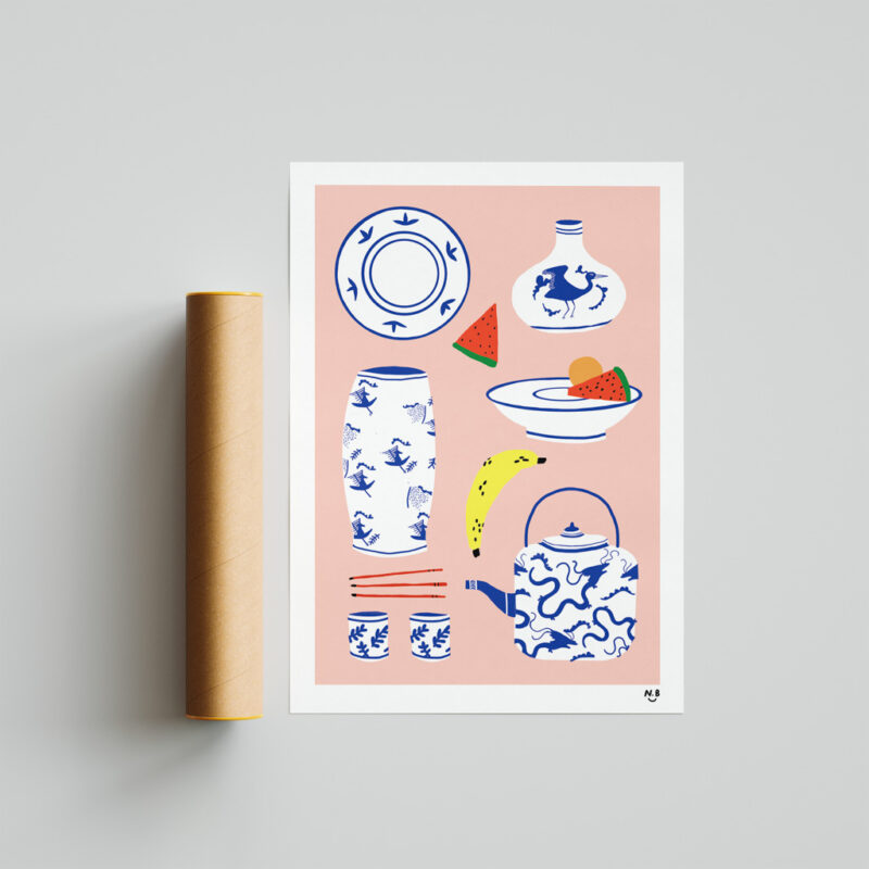 Blue China Ceramics Art Print portrays a set of vietnam tradition ceramics collection: Vase, Tea Pot, Disk, Tea Cup,