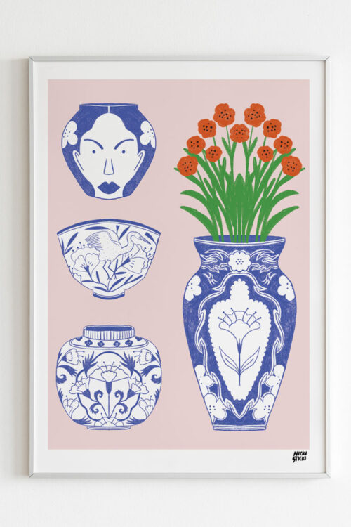 Blue China Ceramics Art Print portrays a Tradition Vietnam Vase collection