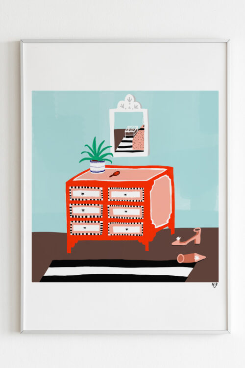 Cabinet Art Print portrays a cabinet in a room with a glass hanging on wall and the pot of tree on it