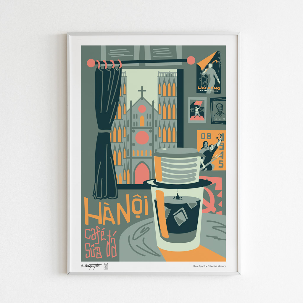 Church View Cafe Art Print portrays a cup of phin coffee with a church view