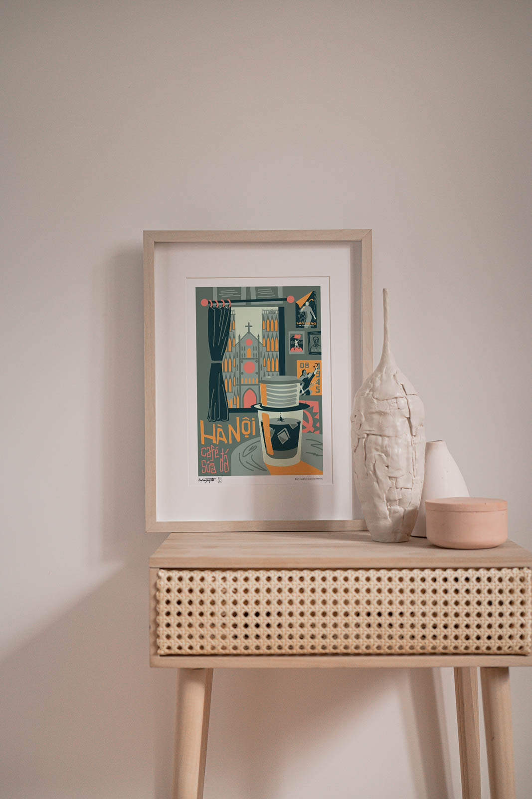 Church View Cafe Art Print portrays a cup of phin coffee with a church view