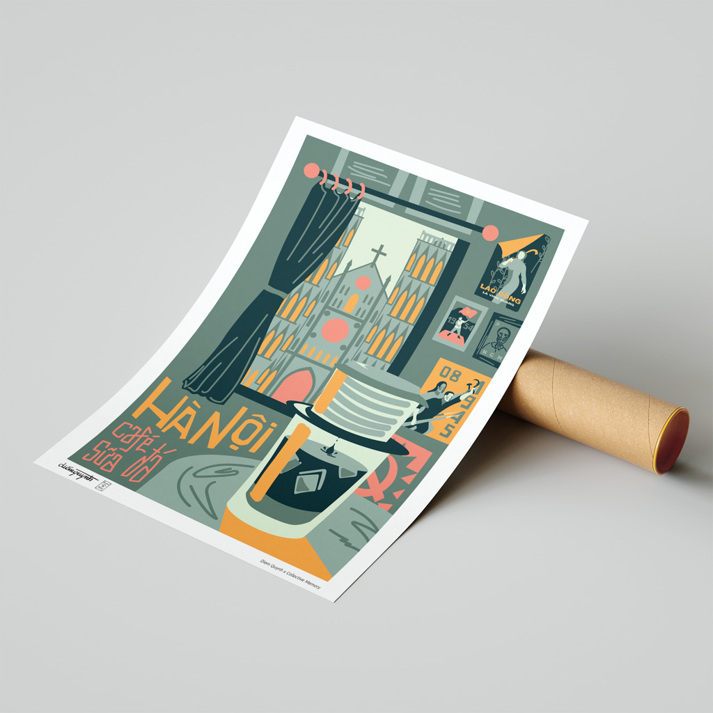 Church View Cafe Art Print portrays a cup of phin coffee with a church view