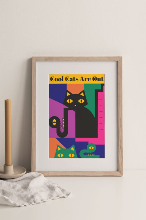 Cool Cats are Out art print portrays the cats play together