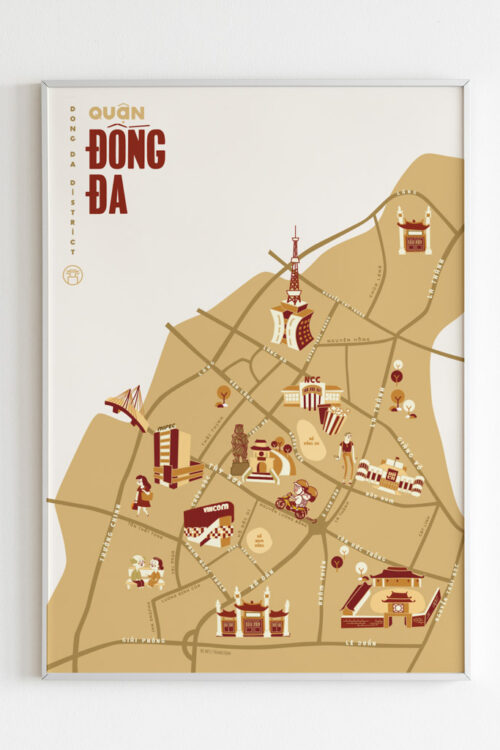 Dong Da District Illustrated Map portrays iconic landmarks around Dong Da: Vincom Center, Lang Pagoda, Dong Da Lake, Temple Of Literature, Mipec Tower, Networking Communications and Control Tower, Dong Da Mound, Xa Dan Pagoda