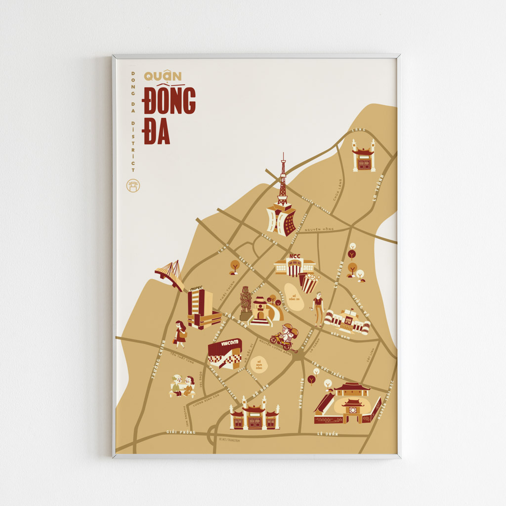 Dong Da District Illustrated Map portrays iconic landmarks around Dong Da: Vincom Center, Lang Pagoda, Dong Da Lake, Temple Of Literature, Mipec Tower, Networking Communications and Control Tower, Dong Da Mound, Xa Dan Pagoda