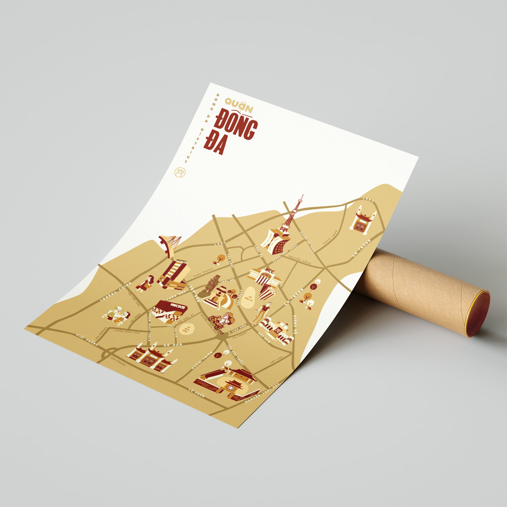 Dong Da District Illustrated Map portrays iconic landmarks around Dong Da: Vincom Center, Lang Pagoda, Dong Da Lake, Temple Of Literature, Mipec Tower, Networking Communications and Control Tower, Dong Da Mound, Xa Dan Pagoda