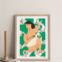 Duck Lady Art Print portrays a lady holding a duck