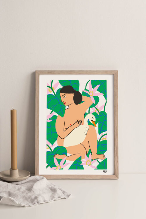 Duck Lady Art Print portrays a lady holding a duck