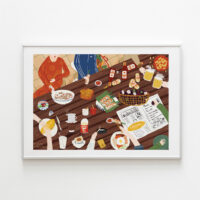 Feast from the East Art Print portrays a group of people having party with banh mi, spring roll, Coffee phin, mango teen, hanoi beer and beef noodle soup