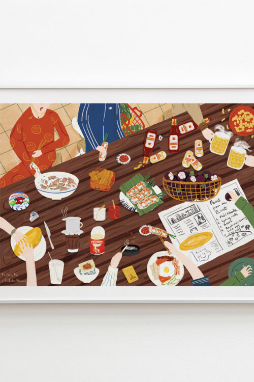 Feast from the East Art Print portrays a group of people having party with banh mi, spring roll, Coffee phin, mango teen, hanoi beer and beef noodle soup