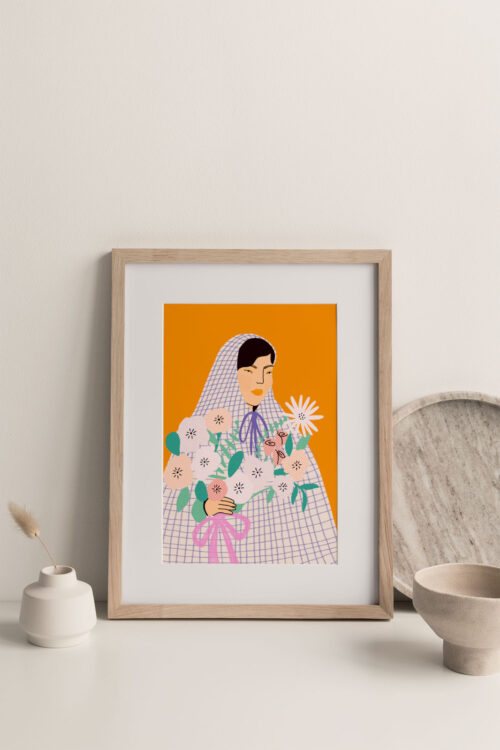 Flower Shopping Art Print portrays a girl buying flower
