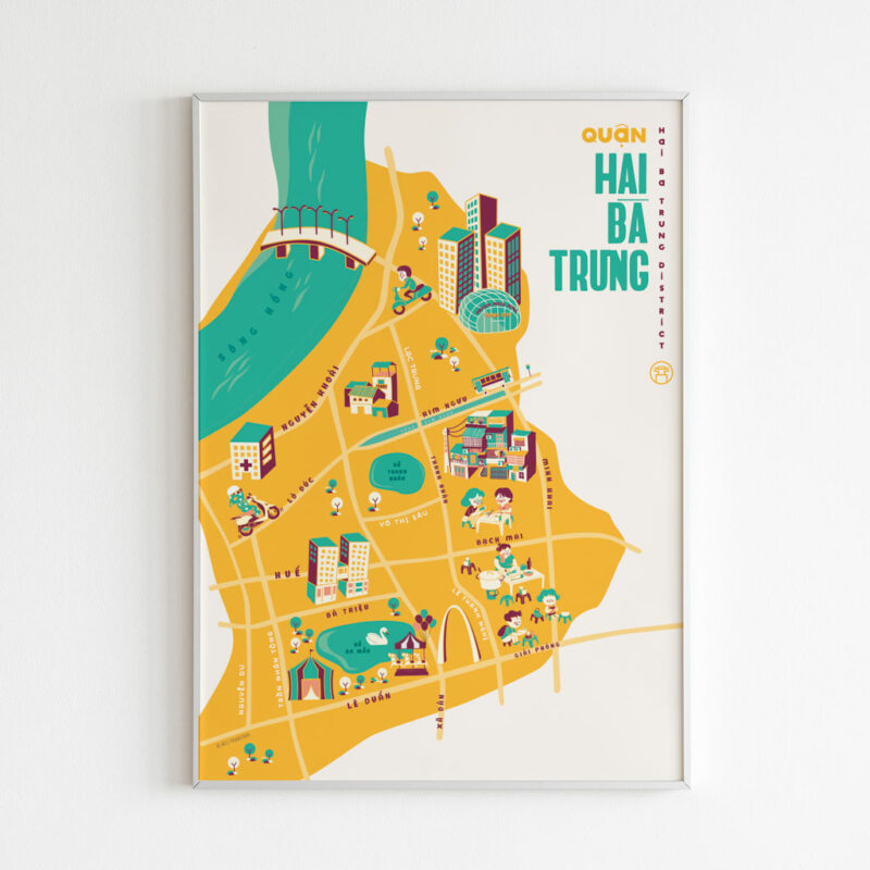 Hai Ba Trung District Illustrated Map portrays iconic landmarks around Hai Ba Trung: Times City, Vincome Center Ba Trieu, Bay Mau Lake, Ba Mau Lake, Central Circus, Thong Nhat Park