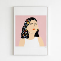 Hair Pins Art Print portrays a girl with a lot of pins in her hair