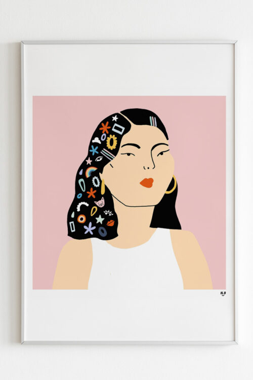 Hair Pins Art Print portrays a girl with a lot of pins in her hair