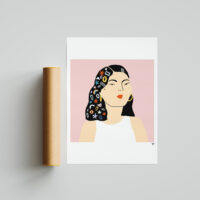 Hair Pins Art Print portrays a girl with a lot of pins in her hair