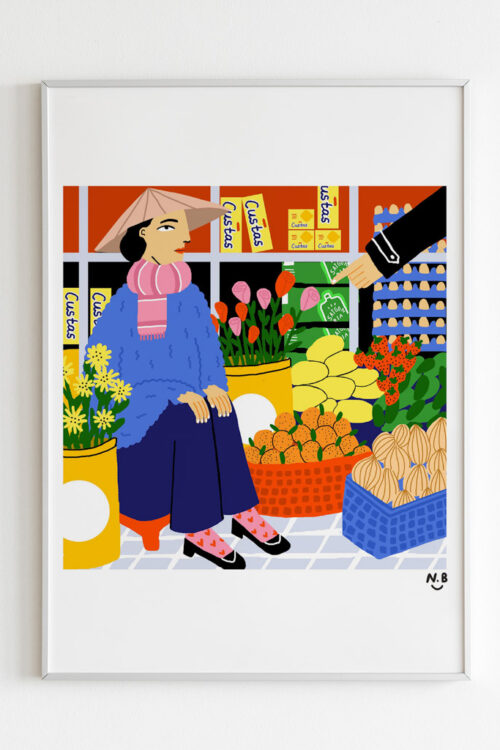 Hanoi Shop Vendor Art Print portrays a lady selling fruits on the street