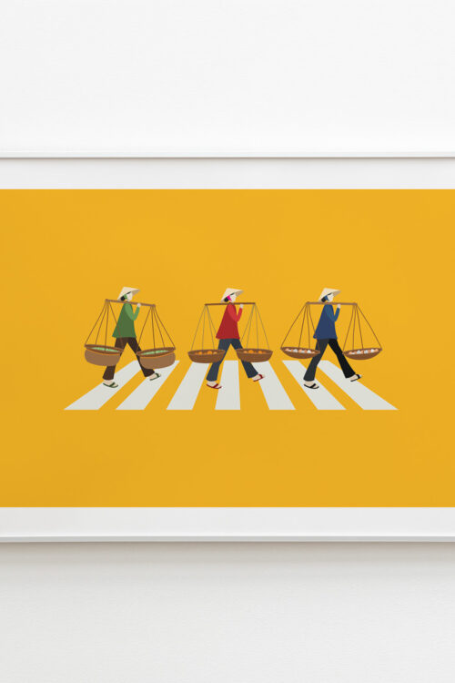 Hanoi Street Vendor Crossing the Abbey Road art print portrays three hanoi street vendor cross the street