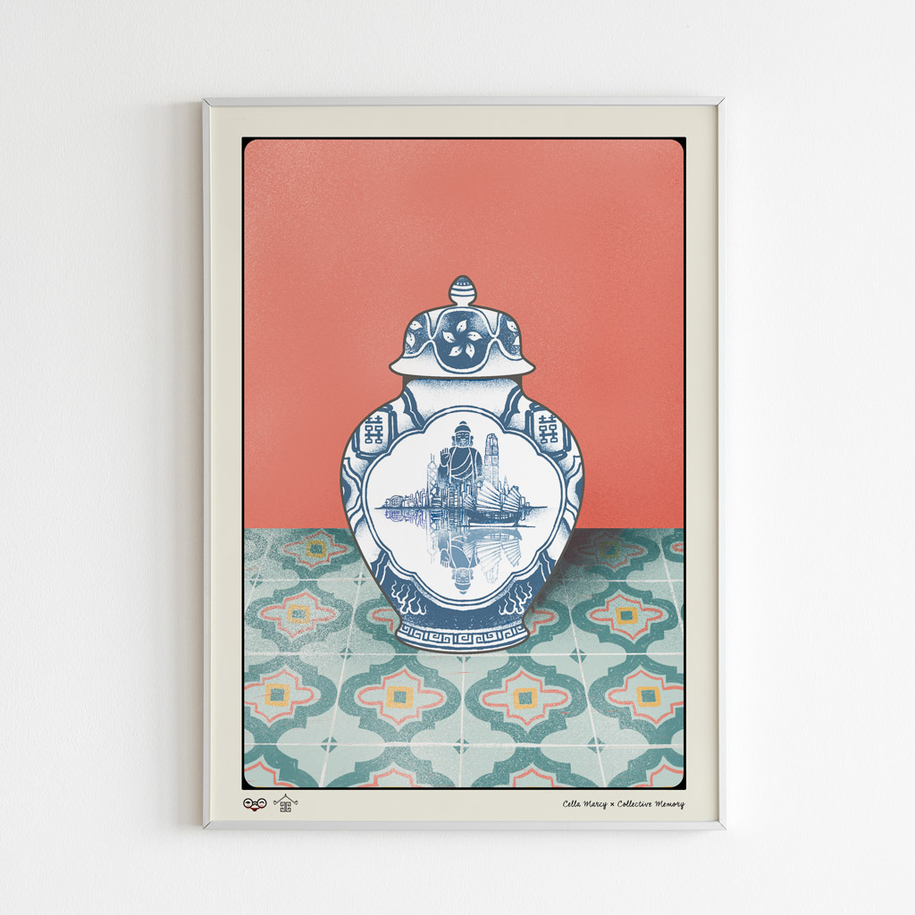 Hong Kong Ginger Jar Art Print portrays an imaginary chinoiserie ginger jar adorned with Hong Kong’s dramatic neon-lit skyline, an Aqua Luna red-sail junk boat, double happiness symbol, gigantic Tian Tan Buddha Statue