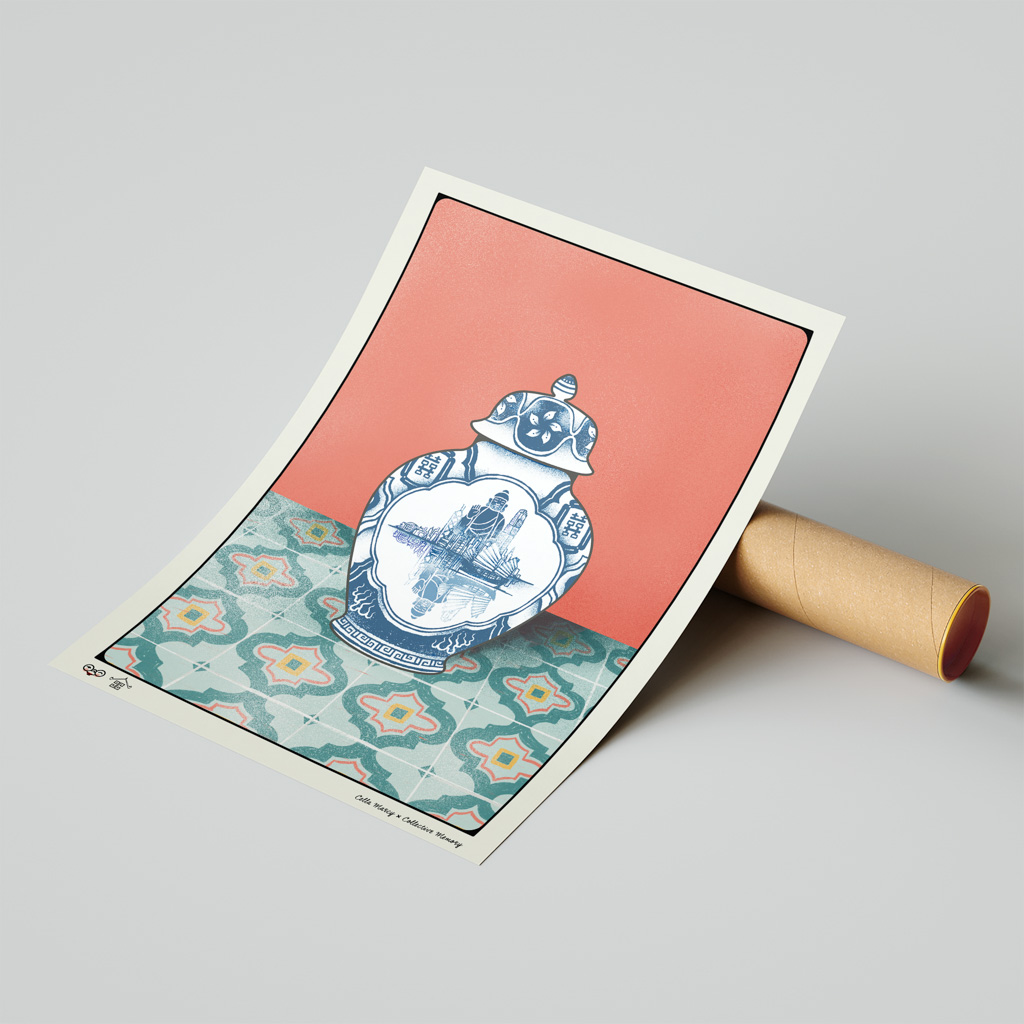 Hong Kong Ginger Jar Art Print portrays an imaginary chinoiserie ginger jar adorned with Hong Kong’s dramatic neon-lit skyline, an Aqua Luna red-sail junk boat, double happiness symbol, gigantic Tian Tan Buddha Statue