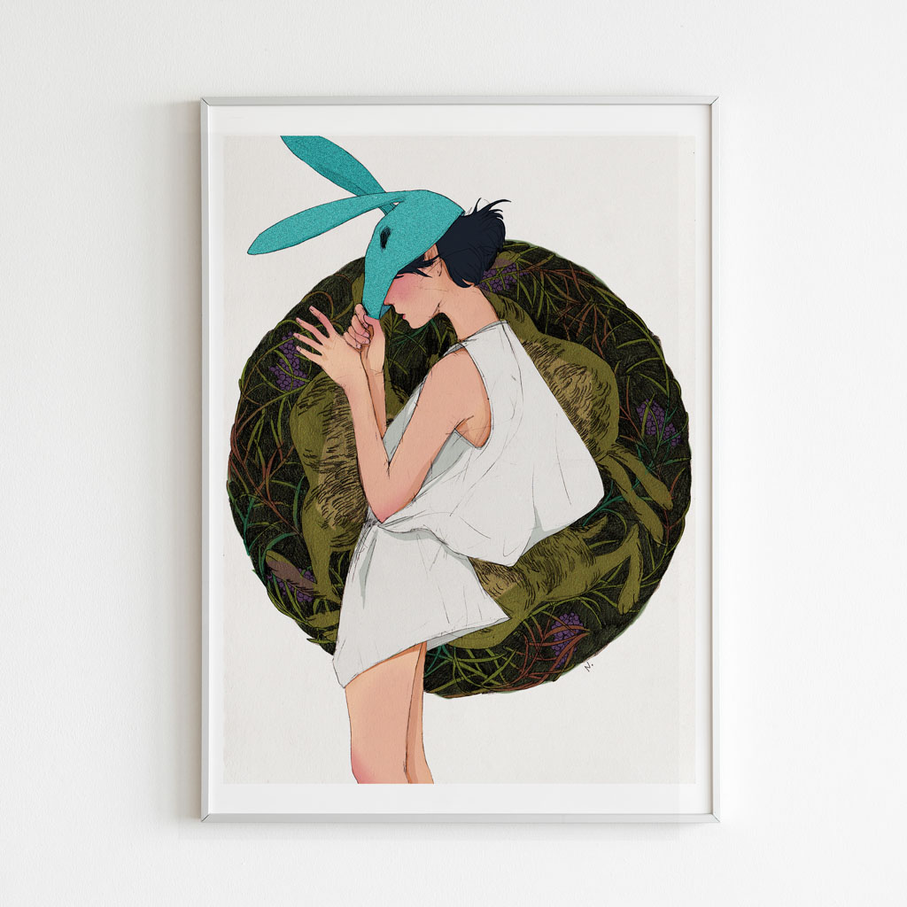 Bui Ngan Artist - Art Print for Wall Decor I Can See You art print portrays a girl whose face is hidden behind a mask