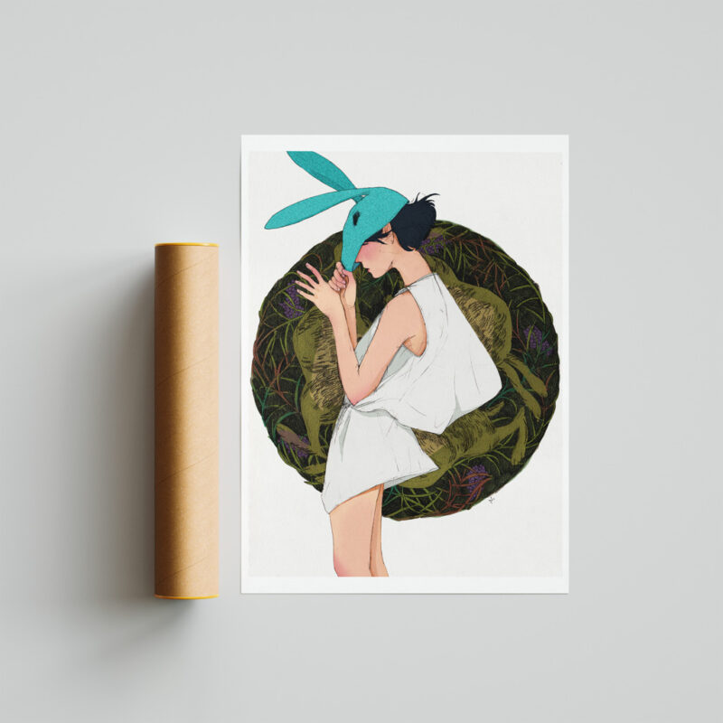 I Can See You art print portrays a girl whose face is hidden behind a mask