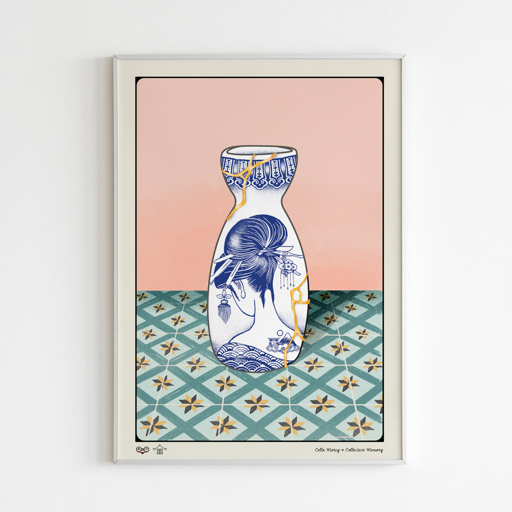 Japanese Kintsugi Sake Jar portrays a lady wearing a kimono with the classic hairstyle