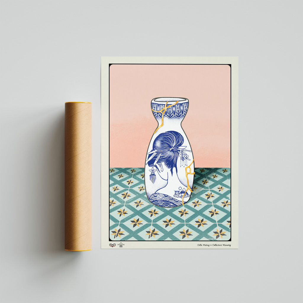 Japanese Kintsugi Sake Jar portrays a lady wearing a kimono with the classic hairstyle