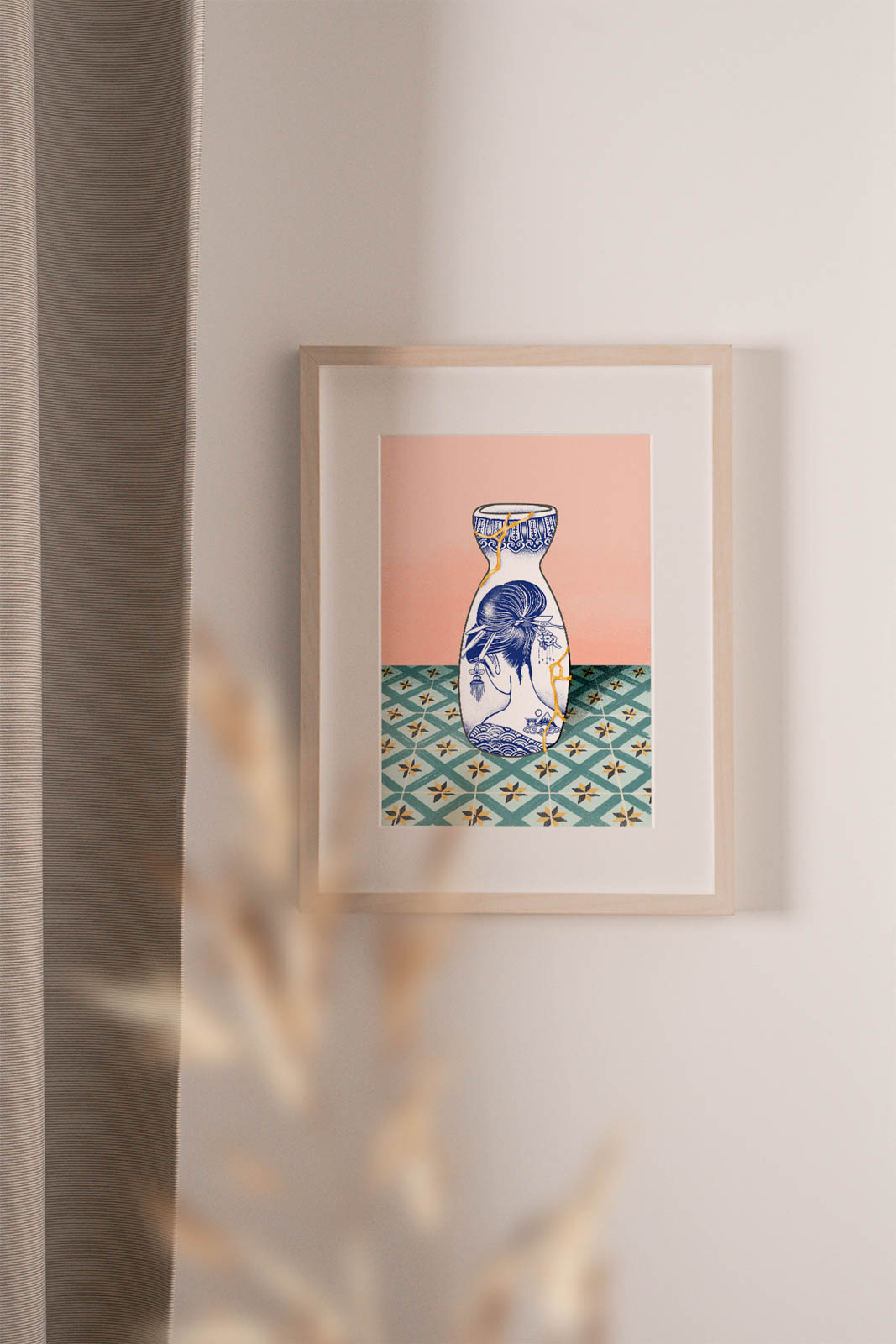 Japanese Kintsugi Sake Jar portrays a lady wearing a kimono with the classic hairstyle