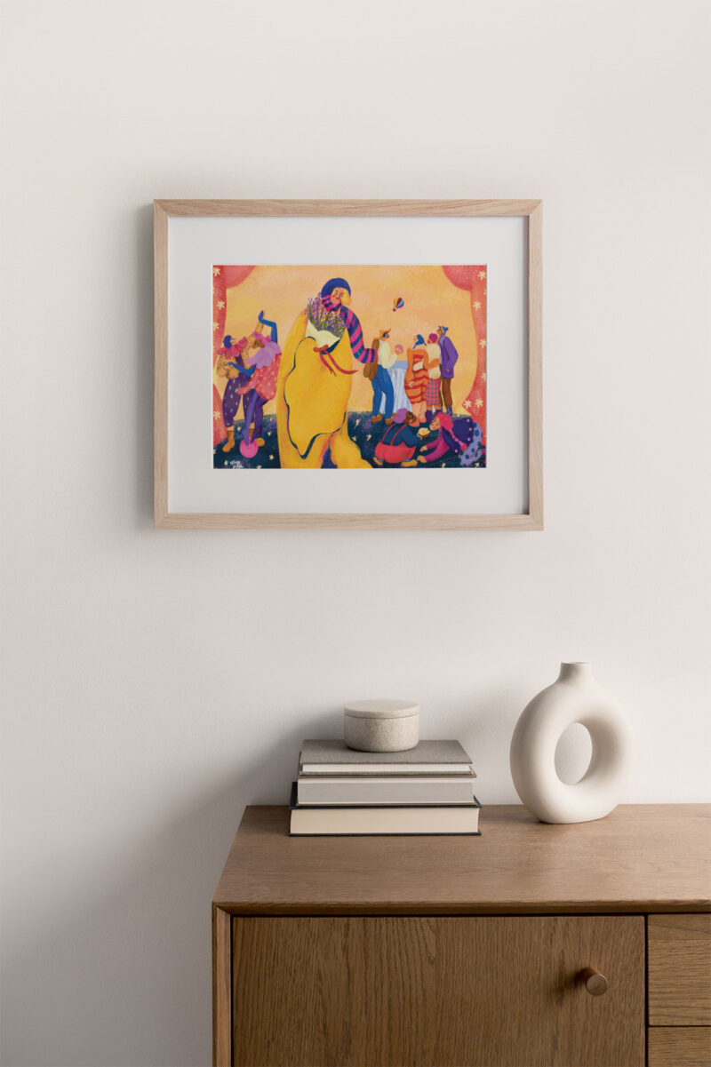 Joy of Waiting Art Print portrays a group of people who enjoy playing game, dance while they are waiting