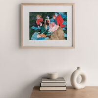 Kitchen God art print is dedicated to traditional Vietnamese belief in kitchen god. The Girl, Pig, buffalo, duck, monkey, cat are flying on the clound