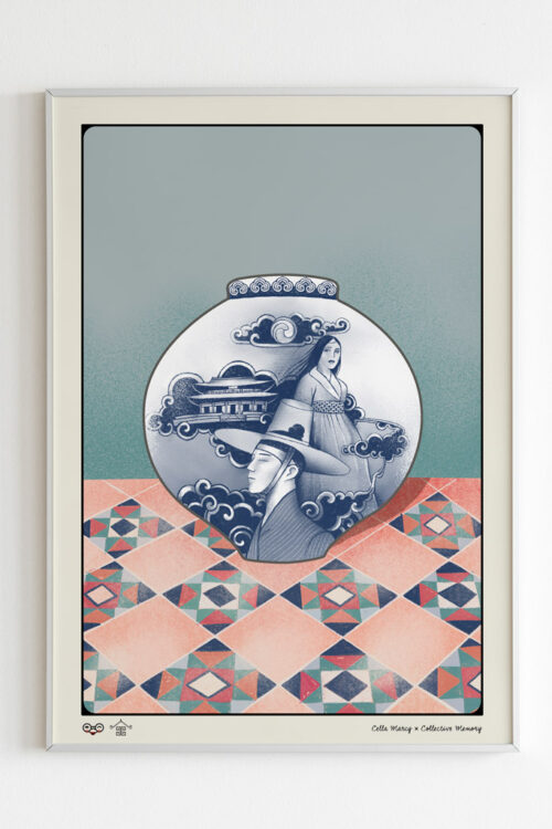 Korean Moon Jar Art Print portrays the Gyeongbokgung Palace and a Korean man and woman dressed in traditional costumes