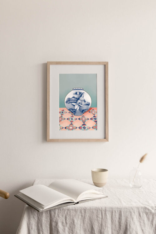 Korean Moon Jar Art Print portrays the Gyeongbokgung Palace and a Korean man and woman dressed in traditional costumes