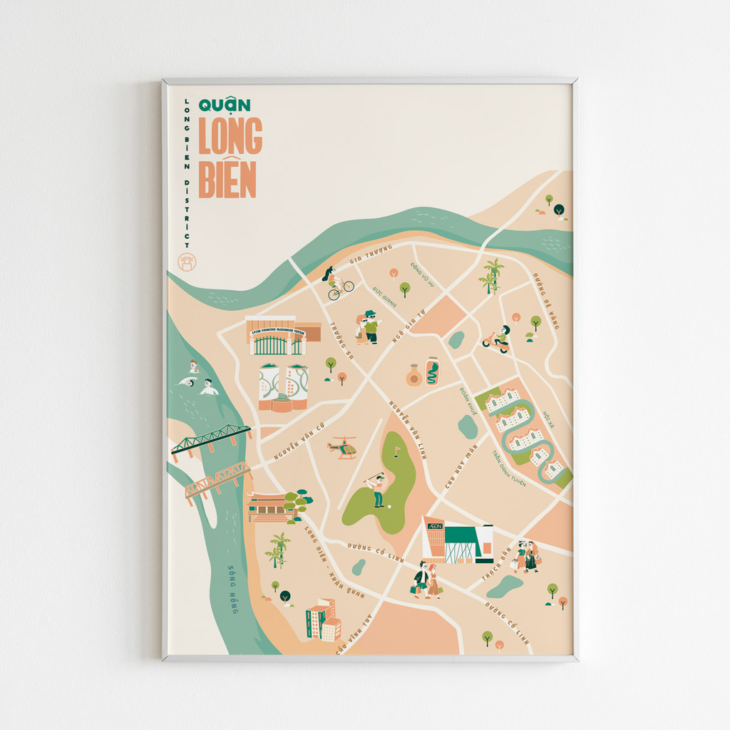 Long Bien District Illustrated Map portrays iconic landmarks around Long Bien: Lycée Français Alexandre Yersin School, Mipec Long Bien, Vinhomes Riverside, Long Bien Golf Course, Aeon Mall Long Bien