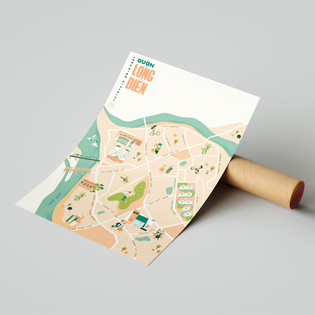 Long Bien District Illustrated Map portrays iconic landmarks around Long Bien: Lycée Français Alexandre Yersin School, Mipec Long Bien, Vinhomes Riverside, Long Bien Golf Course, Aeon Mall Long Bien